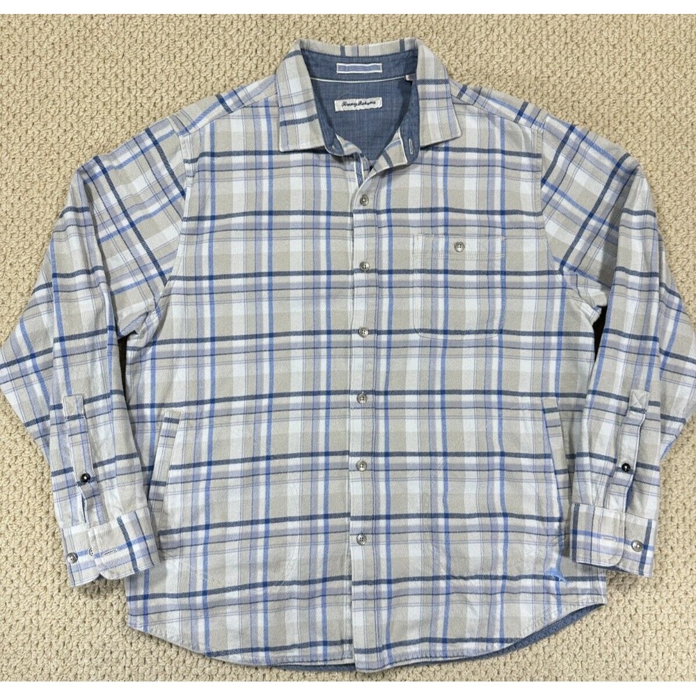 Tommy Bahama Flannel Shirt Jacket Mens L Gray Blue Plaid Shacket Button Front